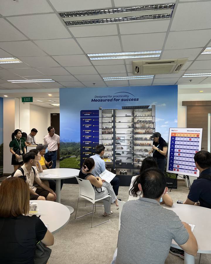 Clients at a developer showroom briefing during an industrial tour