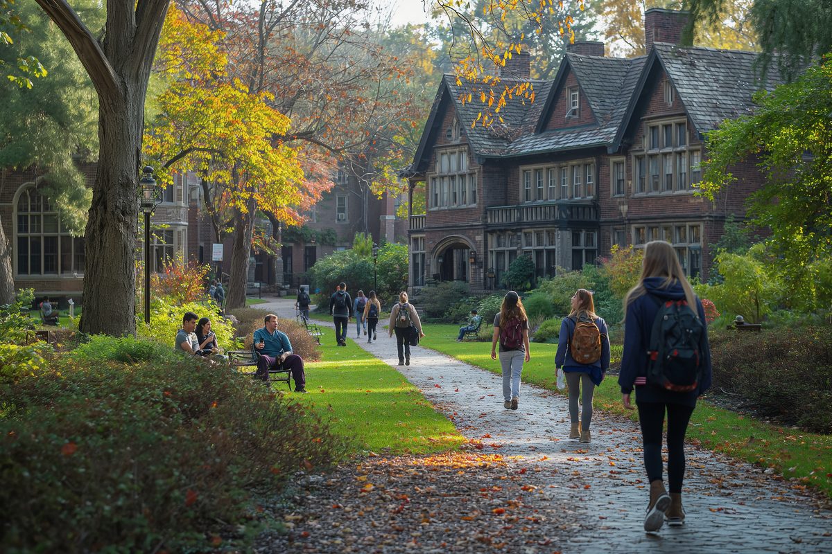 Students walking along a tree-lined path on a university campus in autumn